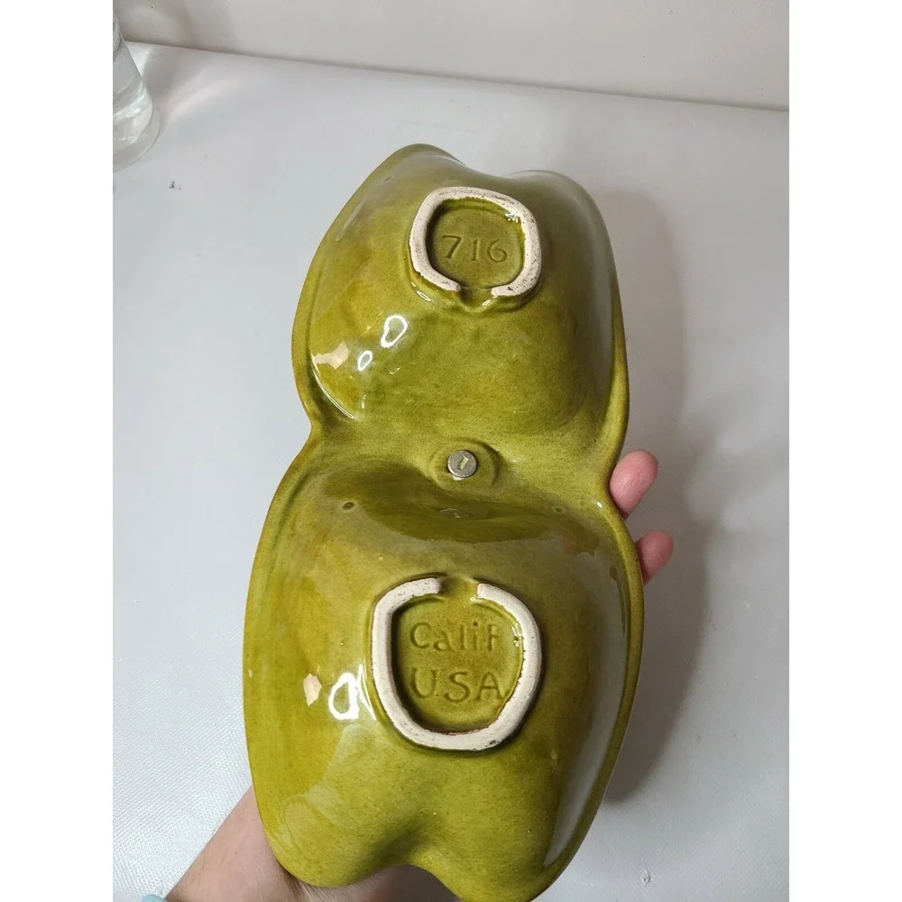Vintage California Pottery Two Compartment Green Apple Serving Dish With Handle